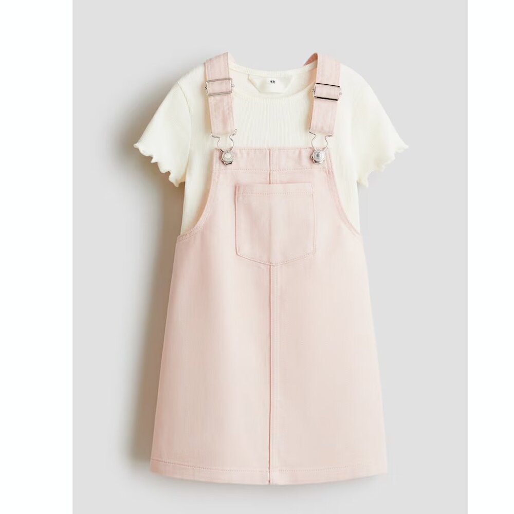 H&M Girls Cotton Pink 2 Piece Skirtall Overall Dress Set in Pink